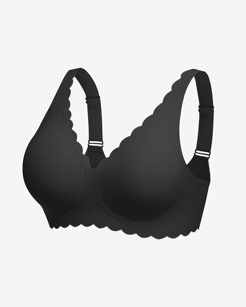 Black wireless V-neck seamless full-coverage bra, scalloped trim, adjustable straps