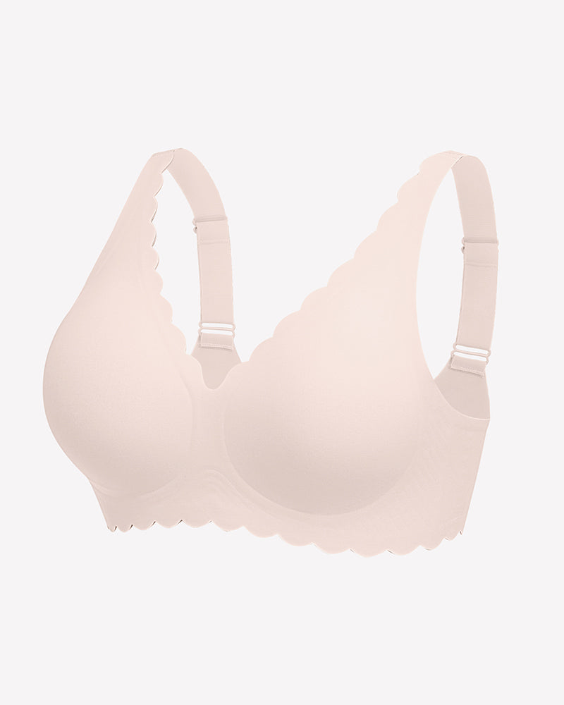 Nude wireless V-neck seamless full coverage bra front view with adjustable straps