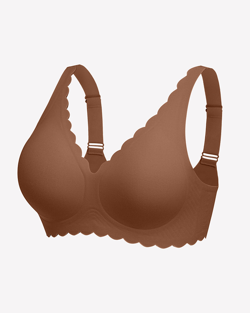 Brown wireless V-neck seamless full-coverage bra, scalloped trim, adjustable straps