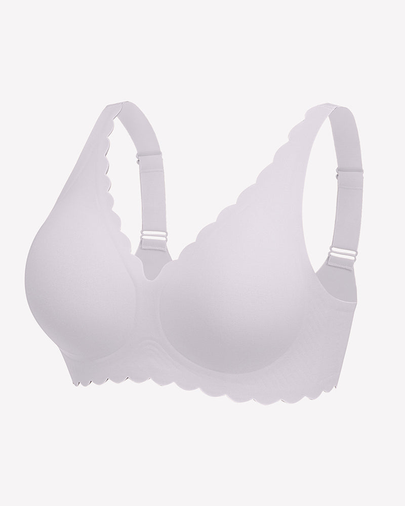 Wireless V-neck seamless full-coverage bra, light purple, scalloped edges and straps