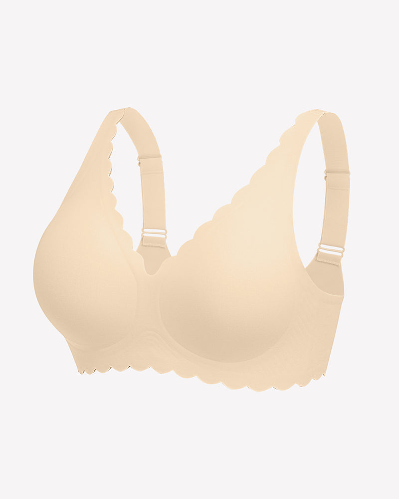 Cream wireless V-neck seamless full coverage bra front view with adjustable straps