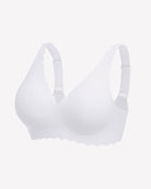White wireless V-neck seamless full coverage bra front view with adjustable straps