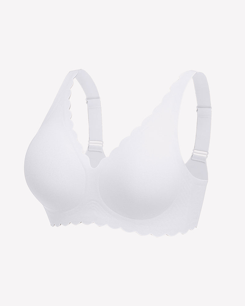 White wireless V-neck seamless full coverage bra front view with adjustable straps