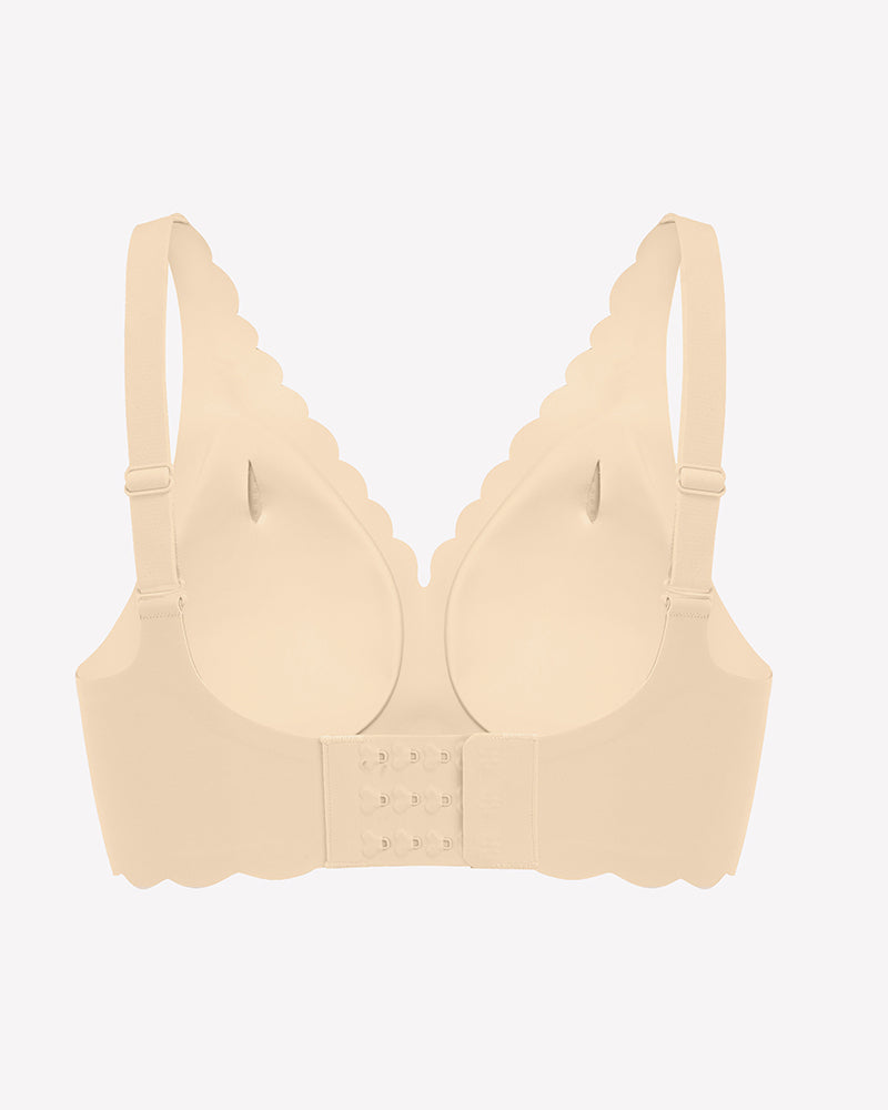 Beige wireless V-neck seamless full coverage bra with hook-and-eye back closure