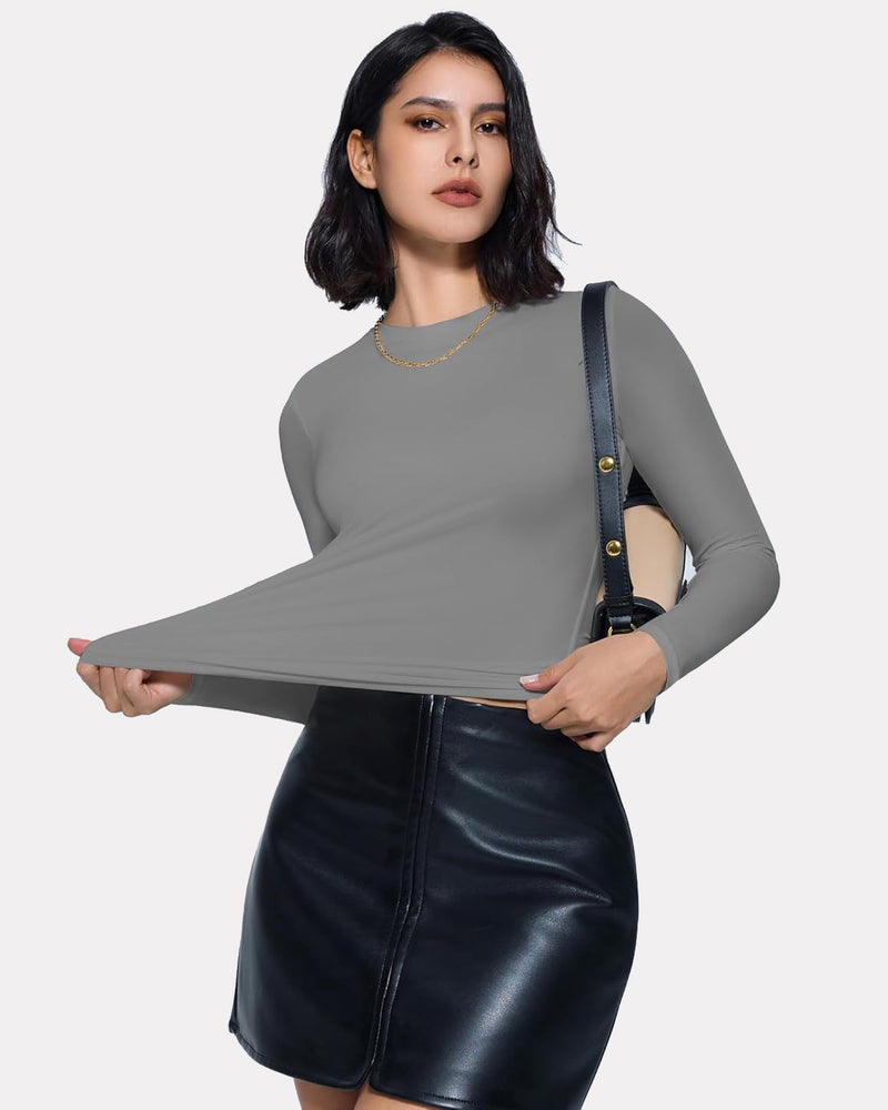 Gray double-lined long-sleeve crew-neck top with thong-style underwear set