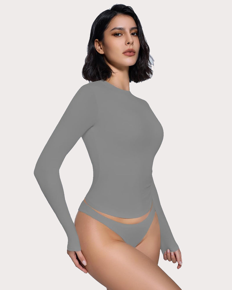 Gray long-sleeve crew-neck top with thong back underwear, side view