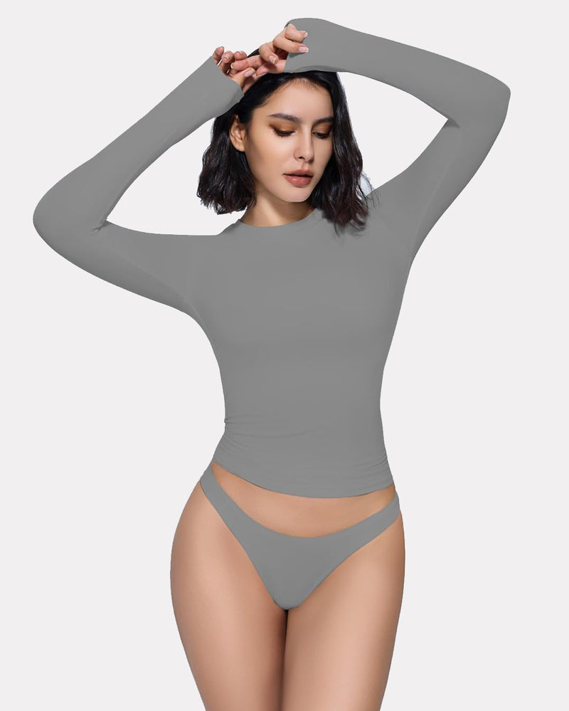 Gray long-sleeve fitted top with thong-style underwear showing at back