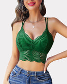 Green crochet V-neck racerback crop top with scalloped bust trim