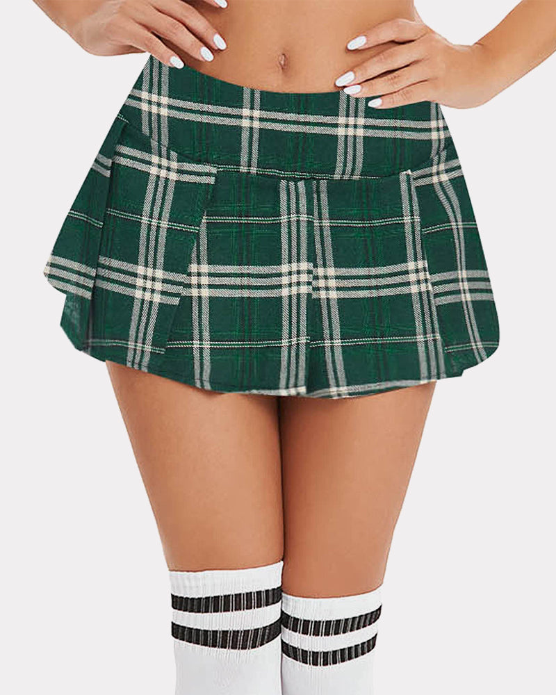 Mini pleated plaid skirt in deep green with white checks, flared pleats.