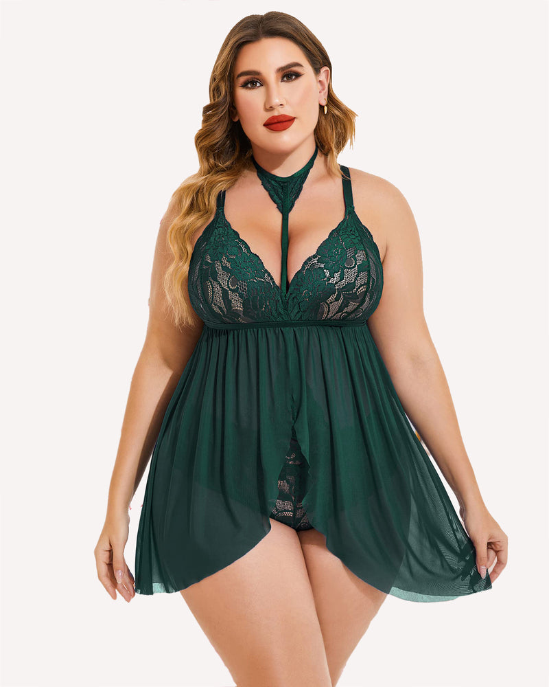 Dark green lace babydoll with high choker neckline and sheer flowing skirt