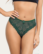 Dark green lace cheeky panties with scalloped edges and center bow
