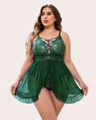 Green lace babydoll with crisscross strap neckline and layered ruffle hem, plus size