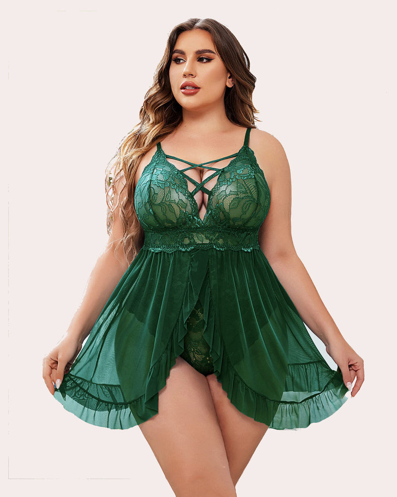 Dark green babydoll lingerie with lace bodice, crisscross neckline straps, and layered skirt