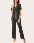 Notch collar soft pajama set in dark fabric, short-sleeve button top and long pants