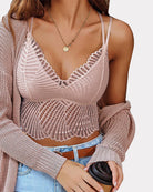 Light pink v-neck racerback crop top with scalloped lace and V-neckline detail