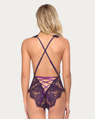 Dark purple lace deep-V mini bodysuit, open back with X-cross straps