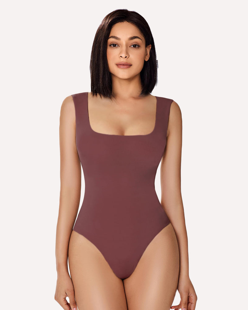 Square-neck sleeveless bodysuit, dark maroon, seamless shaping fit