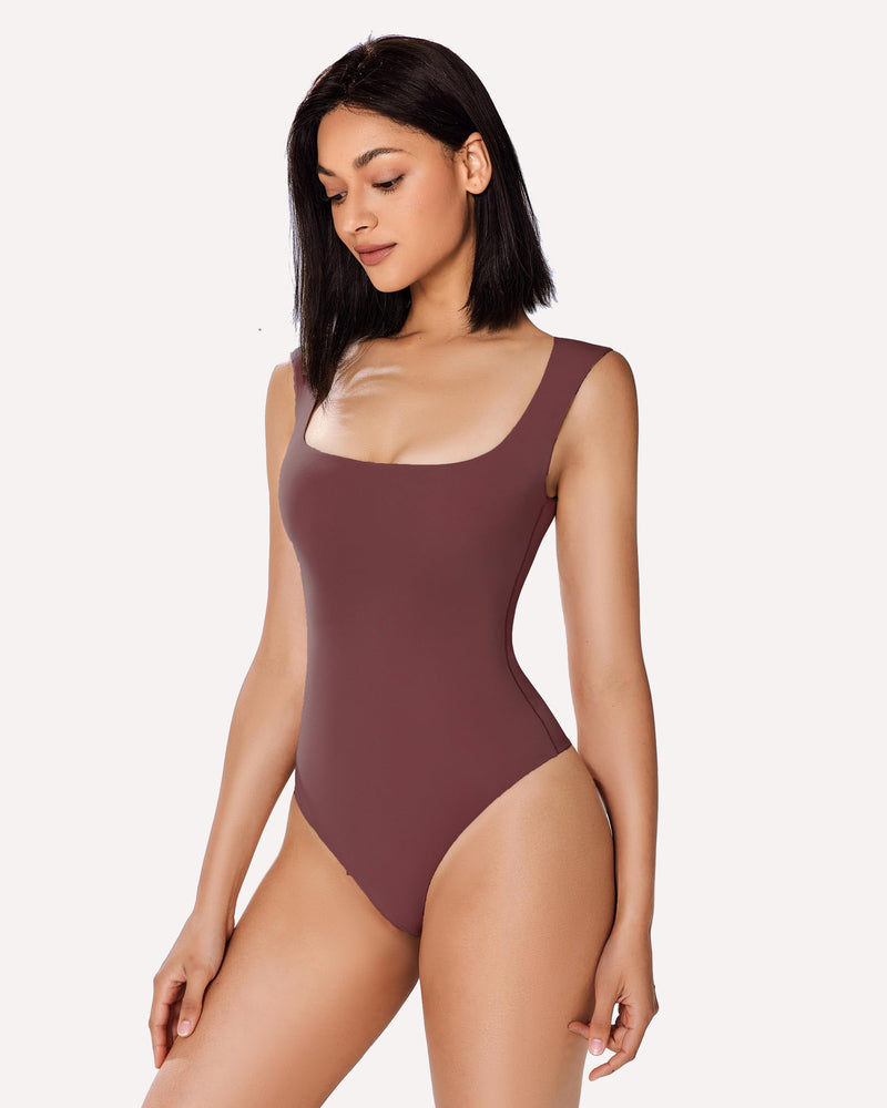 Square-neck shapewear bodysuit in dark burgundy, sleeveless close-up