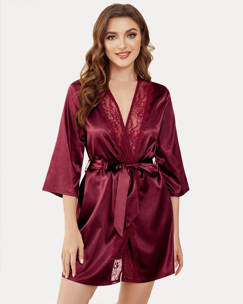 Wine red satin kimono robe with lace-trim V neckline and tied waist belt