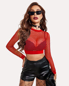 Red fishnet long-sleeve crop top, high neckline, sheer mesh pattern