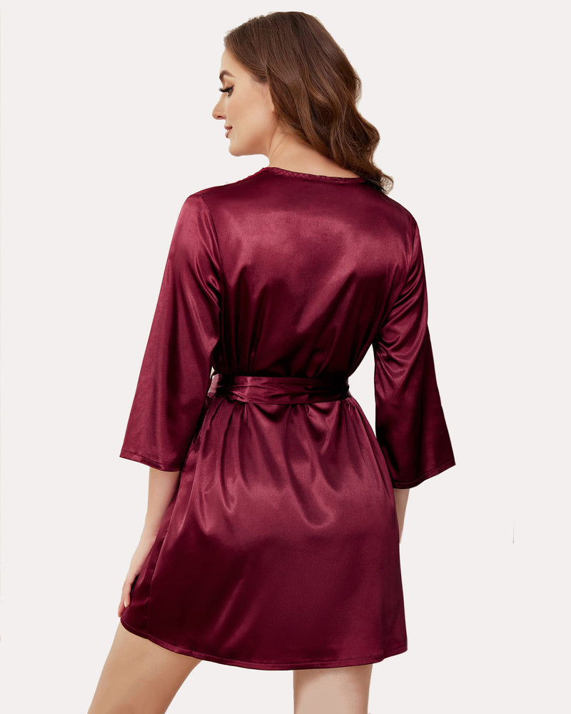 Wine red satin kimono robe, back view, with tied waist belt and 3/4 sleeves