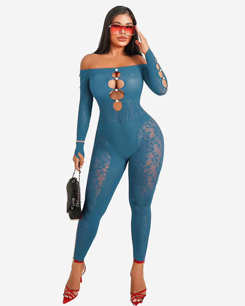 Dark blue fishnet off-shoulder bodysuit, long sleeves, gold ring accents, fitted lace panels