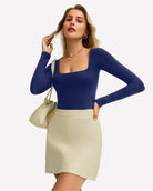 Double-lined square-neck bodysuit in dark blue, fitted long-sleeve bodysuit