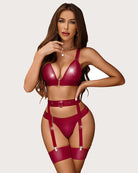 5-piece bra and panty set with garters, burgundy glossy bra, garters and thong