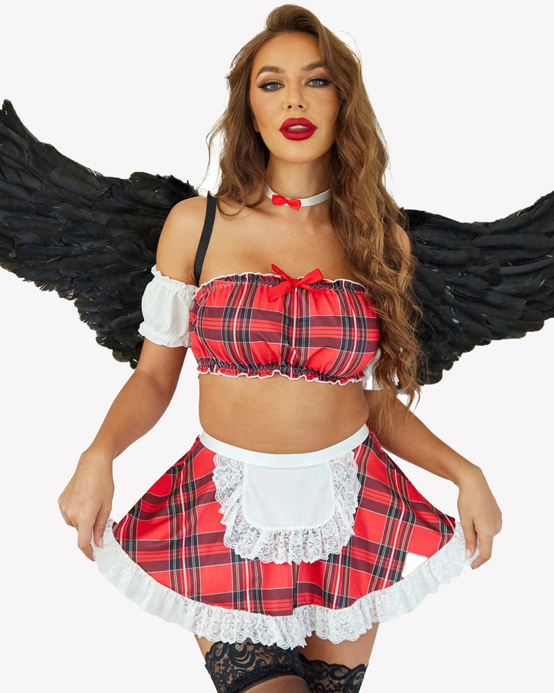 Red plaid lace maid set with off-shoulder bustier, ruffled skirt, and lace apron