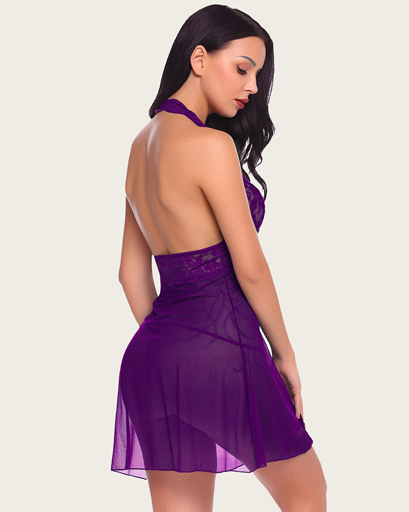 Halter lace babydoll in dark purple with lace-trim halter back and sheer skirt