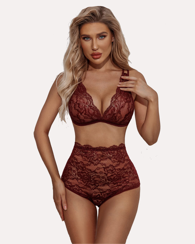 Lace high-waist bra and panty set, burgundy, underwire cups and lace trim