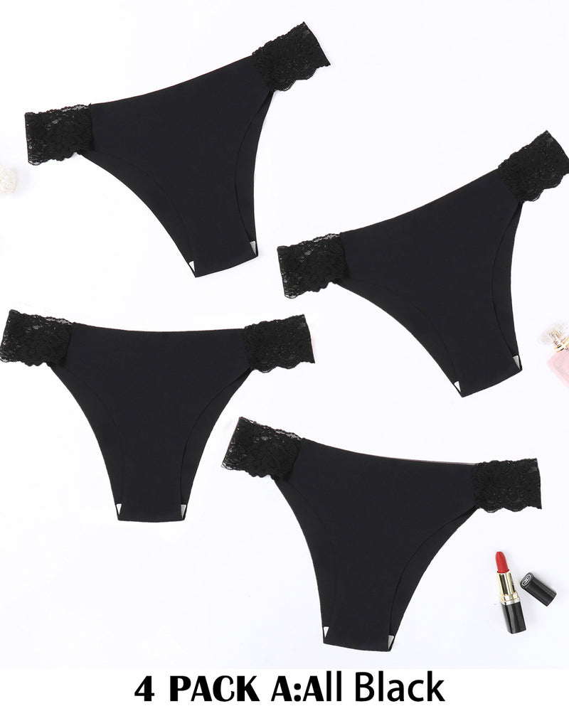 4-pack black contrast lace cut-out side panties with scalloped lace edges
