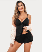 Black modal cami sleep set with lace-trim cami and matching lace-edged shorts