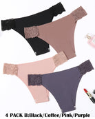 4-pack contrast lace cut-out side panties in black, coffee, pink, and purple