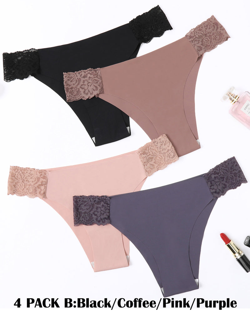 4-pack contrast lace cut-out side panties in black, coffee, pink, and purple