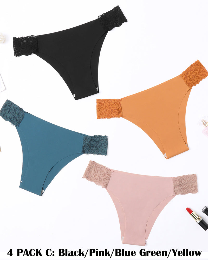 4-pack contrast lace cut-out side panties in black, pink, blue, green, and yellow