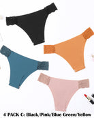 4-pack contrast lace cut-out side panties in black, pink, blue, green, and yellow