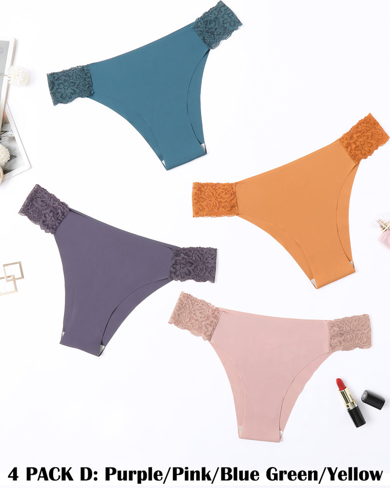 4-pack lace cut-out side panties in teal, orange, purple, blush with contrasting lace trim