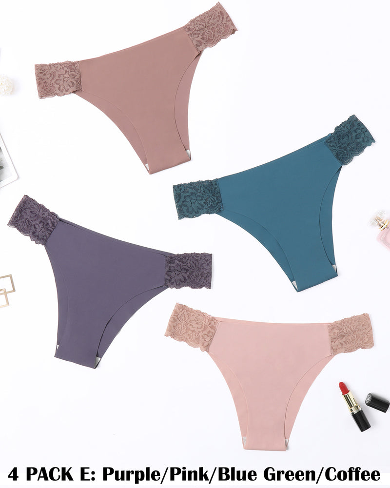 4-pack lace cut-out side panties in rose, teal, purple, pale pink with contrasting lace trim