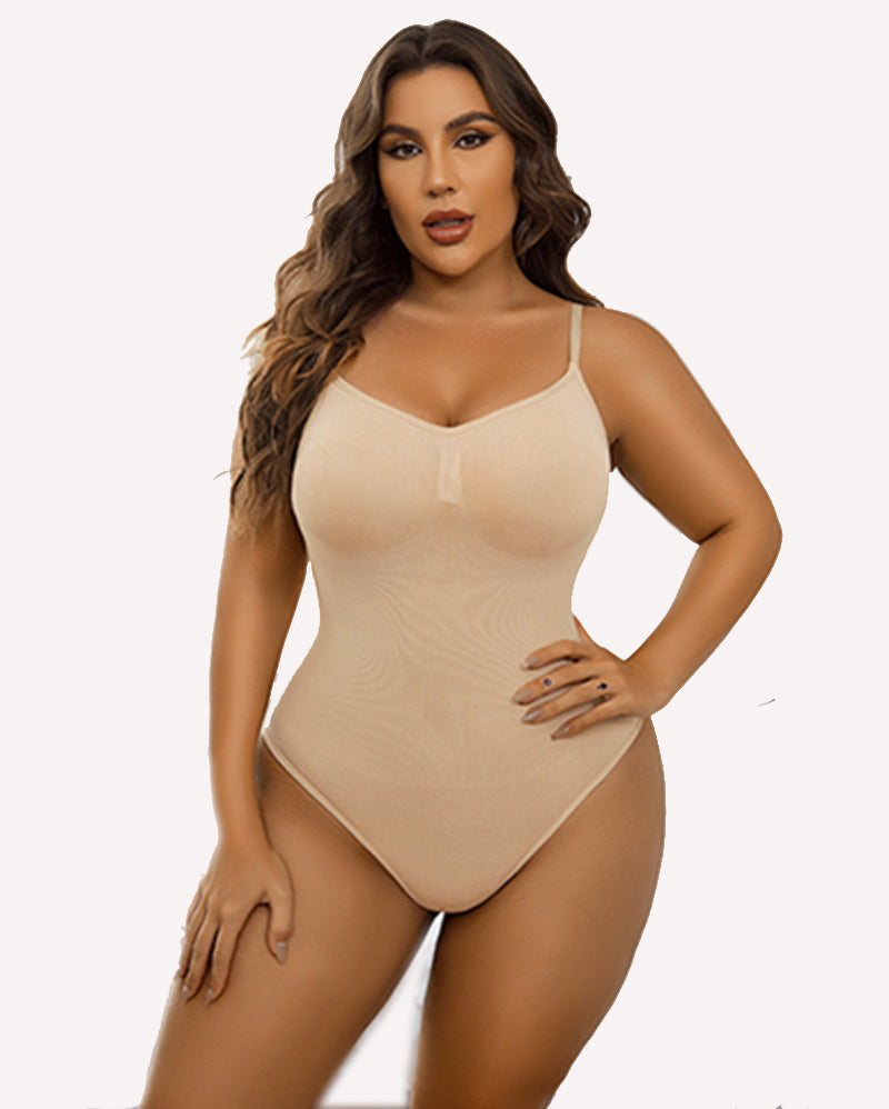 Nude strap V-neck shapewear bodysuit, thong-style bottom