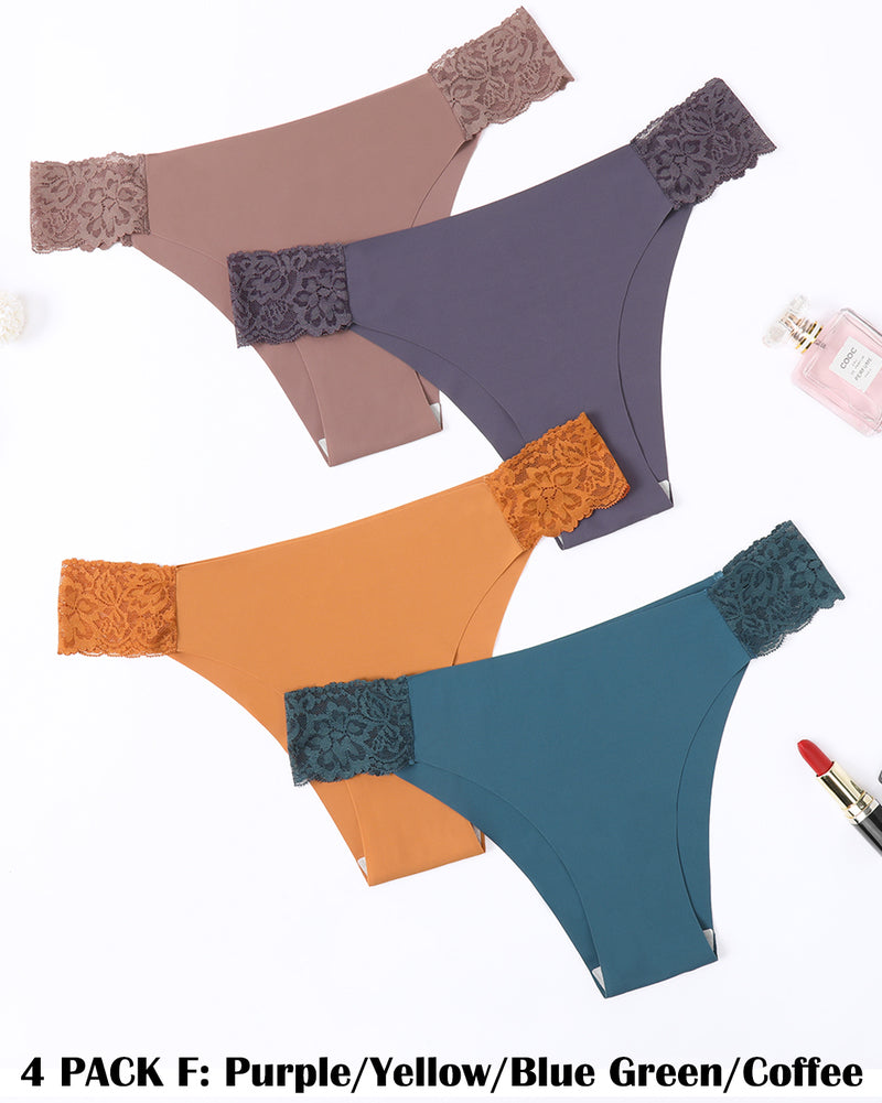 4-pack lace cut-out side panties in nude, purple, orange, teal with contrasting lace trim