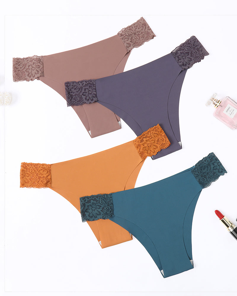 4-pack contrast lace cut-out side panties in brown and dark purple, teal, and orange tones