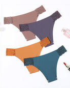 4-pack contrast lace cut-out side panties in brown and dark purple, teal, and orange tones