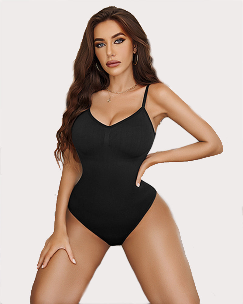 Black strap V-neck shapewear bodysuit, thong-style bottom