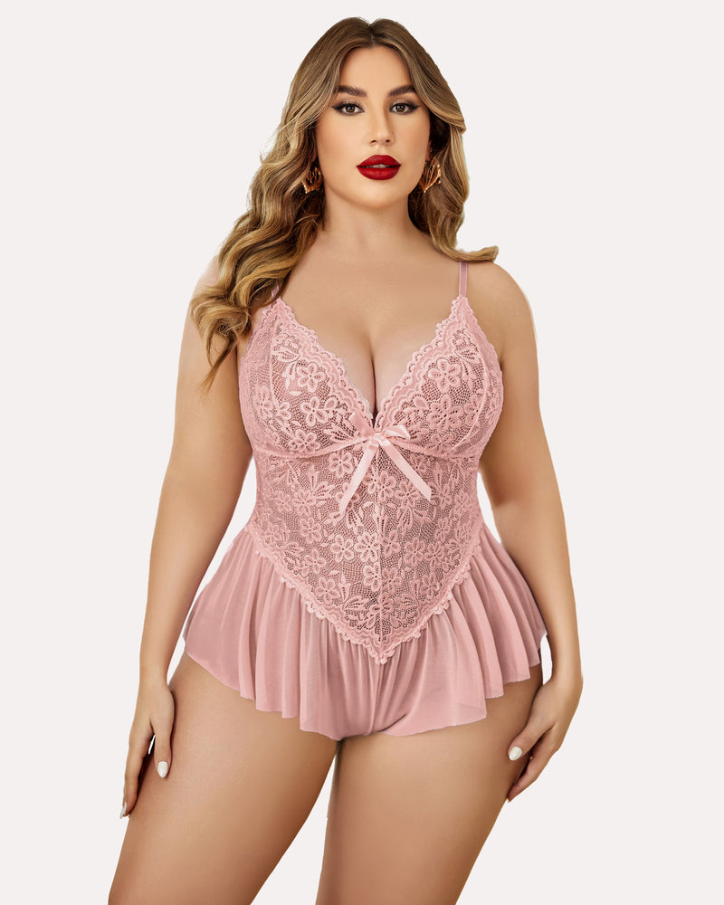Plus size lace teddy bodysuit, light pink V-neck with bow and ruffled tulle hem