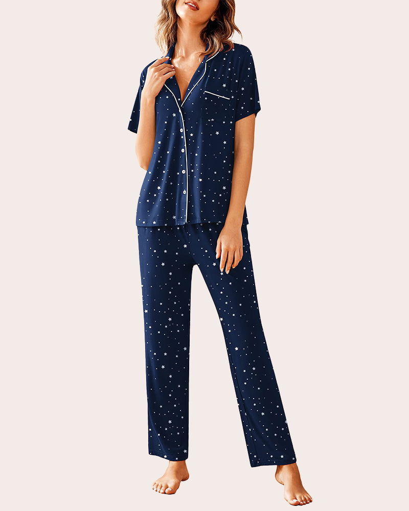Notch collar soft pajama set in navy star print, button-front short-sleeve top and long pants