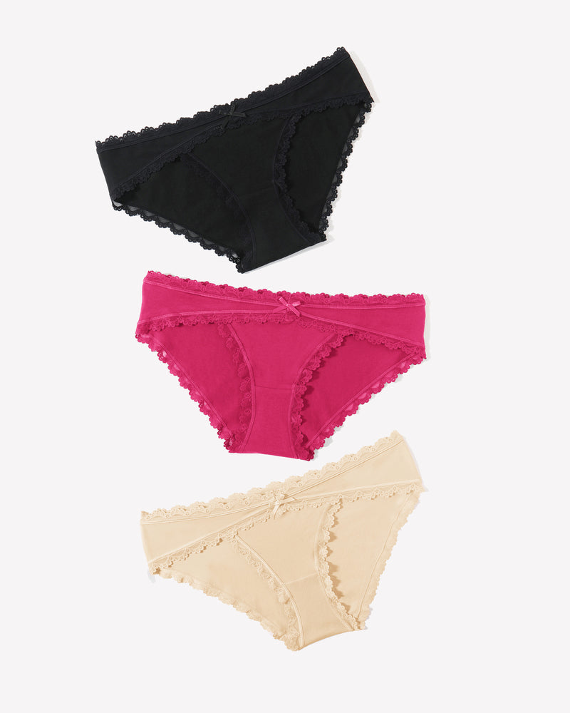 3-pack lace stretch hipster panties in black, hot pink, and beige