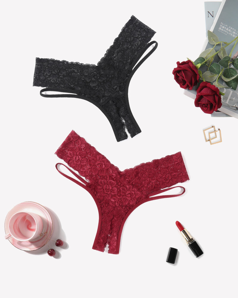 Lace V-shape cheeky panties in black and burgundy