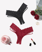 Lace V-shape cheeky panties in black and burgundy