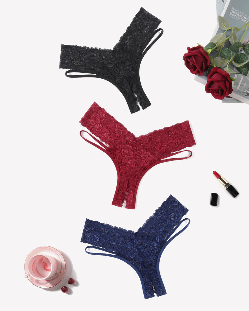Lace V-shape cheeky panties in black, burgundy, and deep blue